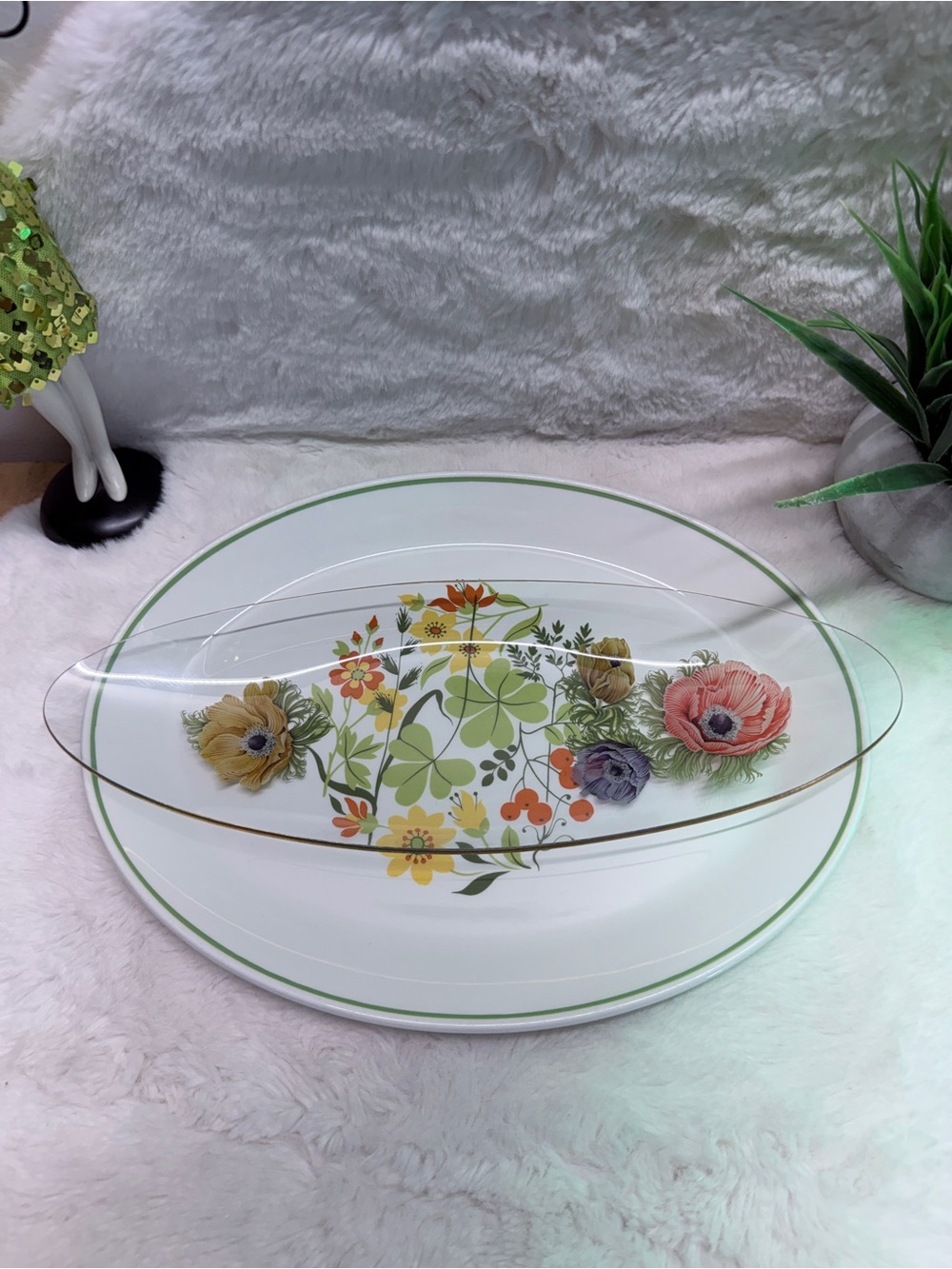 Set of Floral Green/Gold Trim Serving Platters White w/ Multicolor Flower Design - Picture 3 of 4